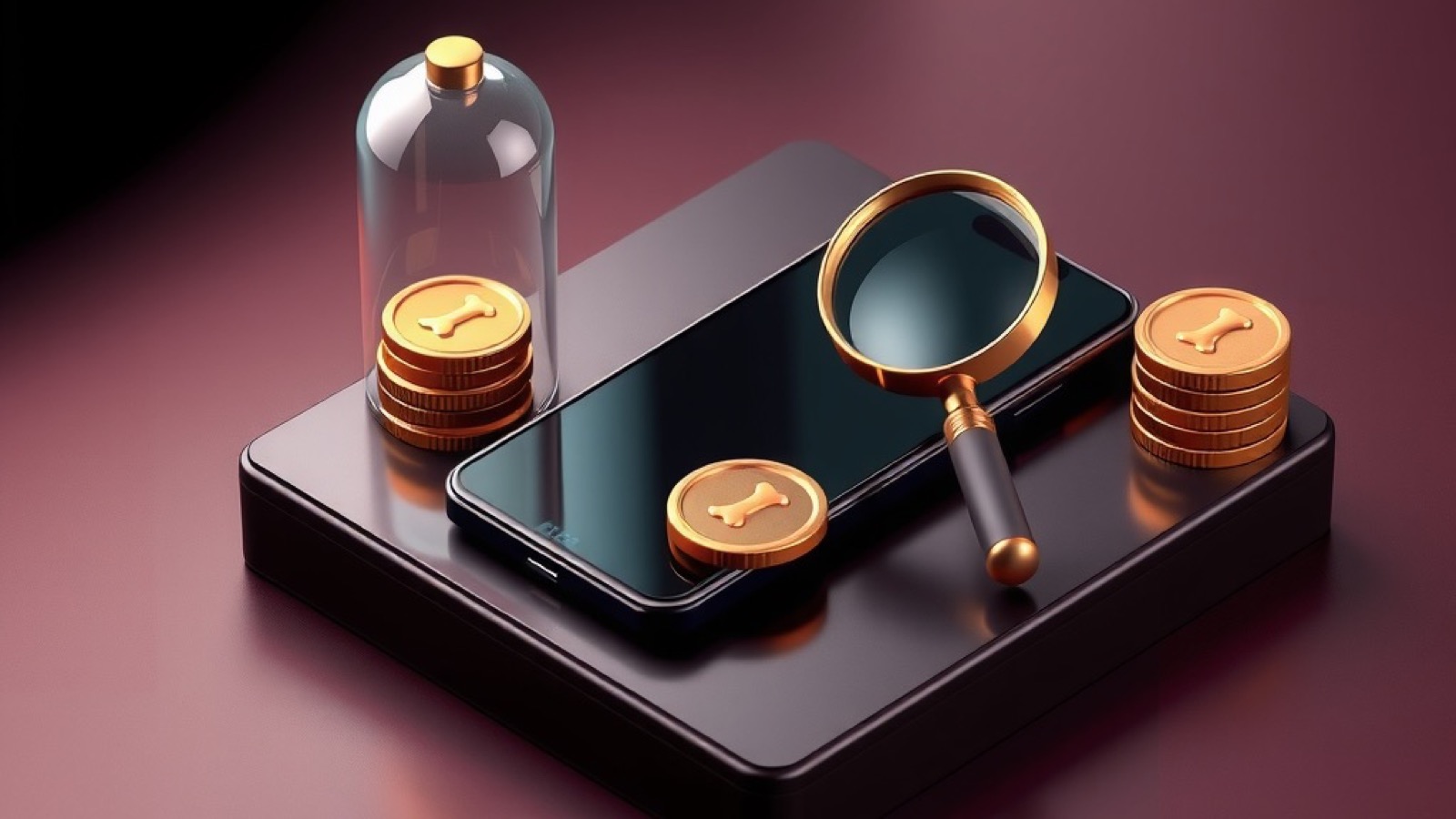 Play Rupees editorial review desk with a casino app on a phone, gold chips and a magnifier